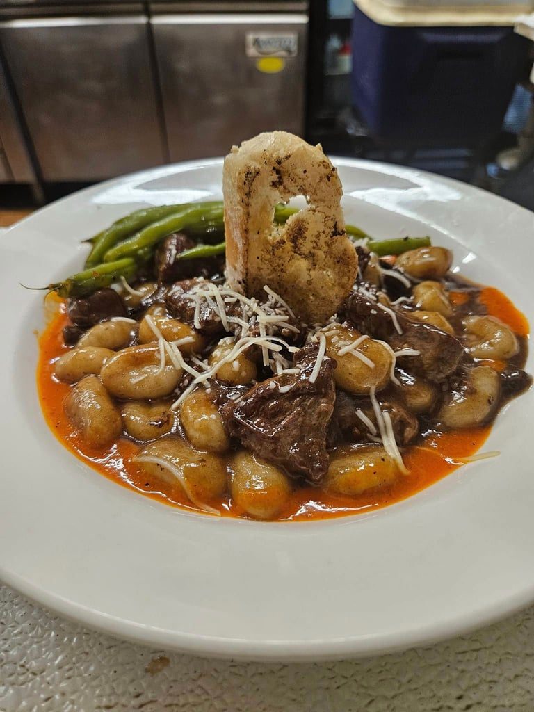Gnocchi with braised beef and parmesan at The Cafe at 7M Farms near Blairsville, GA